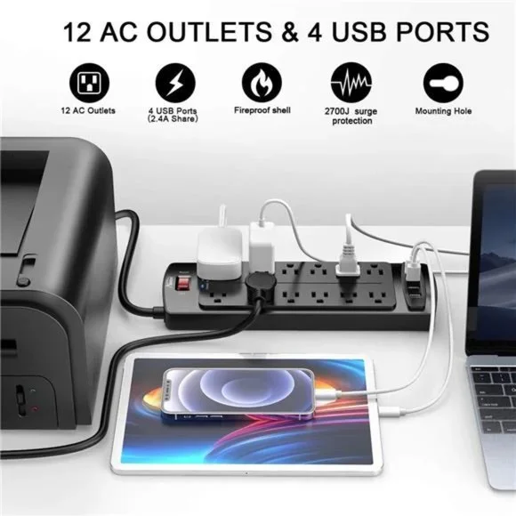 Power Strip,Surge Protector with 12 Outlets & 4 USB Ports,6 Feet Extension Cord
